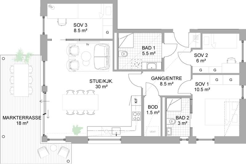 Standard planløsning: 4-roms leilighet
